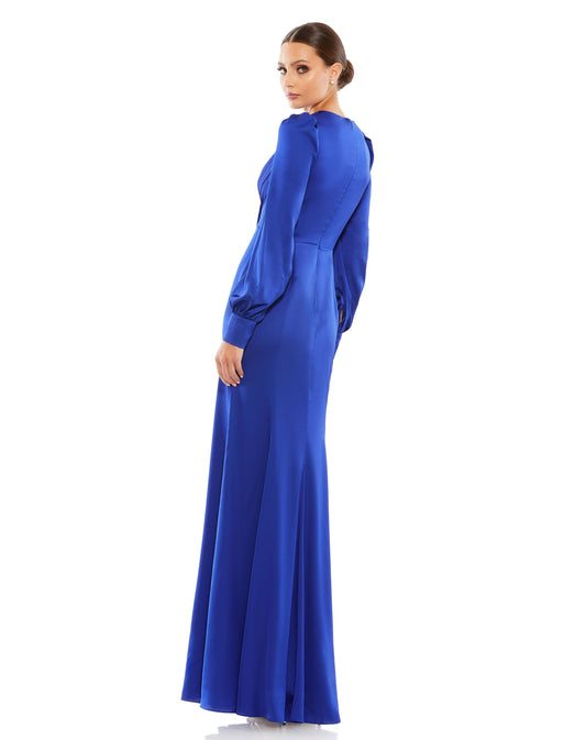 Satin Ruched Bishop Sleeve Gown - Velora Luxury Fashion