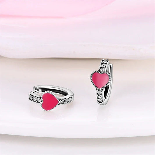 Romantic Pink Heart Sterling Silver Huggie Hoop Earrings With Cubic Zirconia Itz Luxury