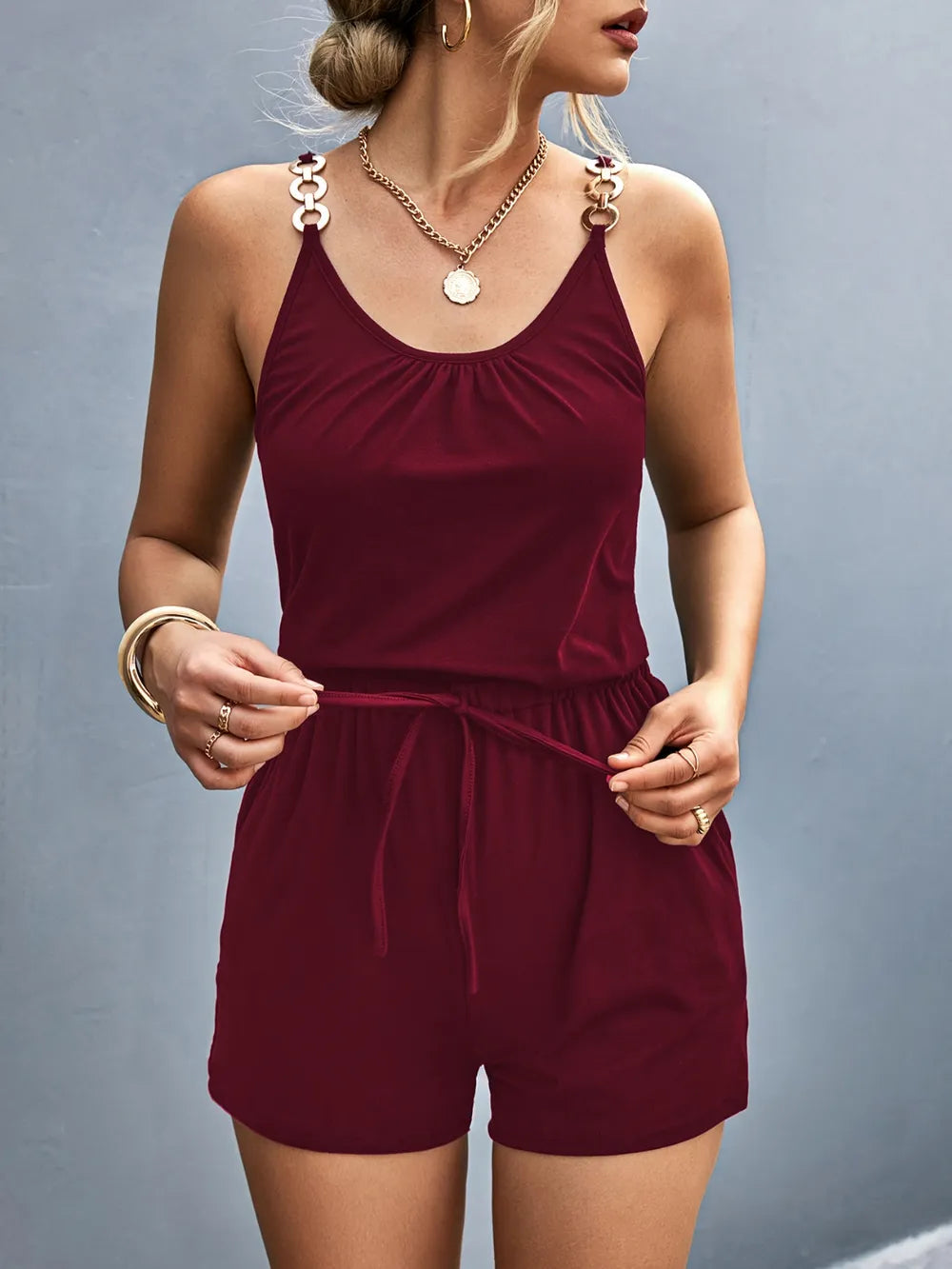 Scoop Neck Romper with Pockets - Velora Luxury Fashion