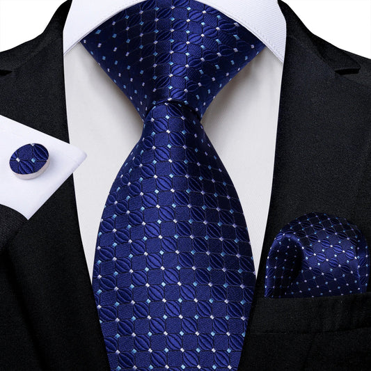 Blue Royal Dot Pliad Mens Tie set with Silver Clip and Ring Business Wedding Party Accessories 8cm Necktie Handkerchief Cufflink Velora