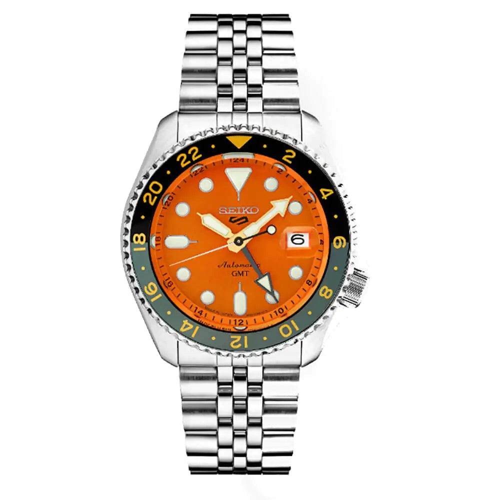Seiko SSK005 Automatic Watch for Men - 5 -Sports - Orange Dial with Date Calendar and Luminous Hands & Markers and Gray GMT Bezel 100m Water-Resistant - Velora Luxury Fashion