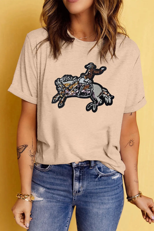 Sequin Rodeo Graphic Crewneck Tee - Velora Luxury Fashion