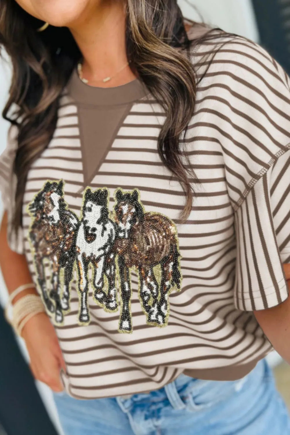 Sequin Striped Round Neck T-Shirt - Velora Luxury Fashion