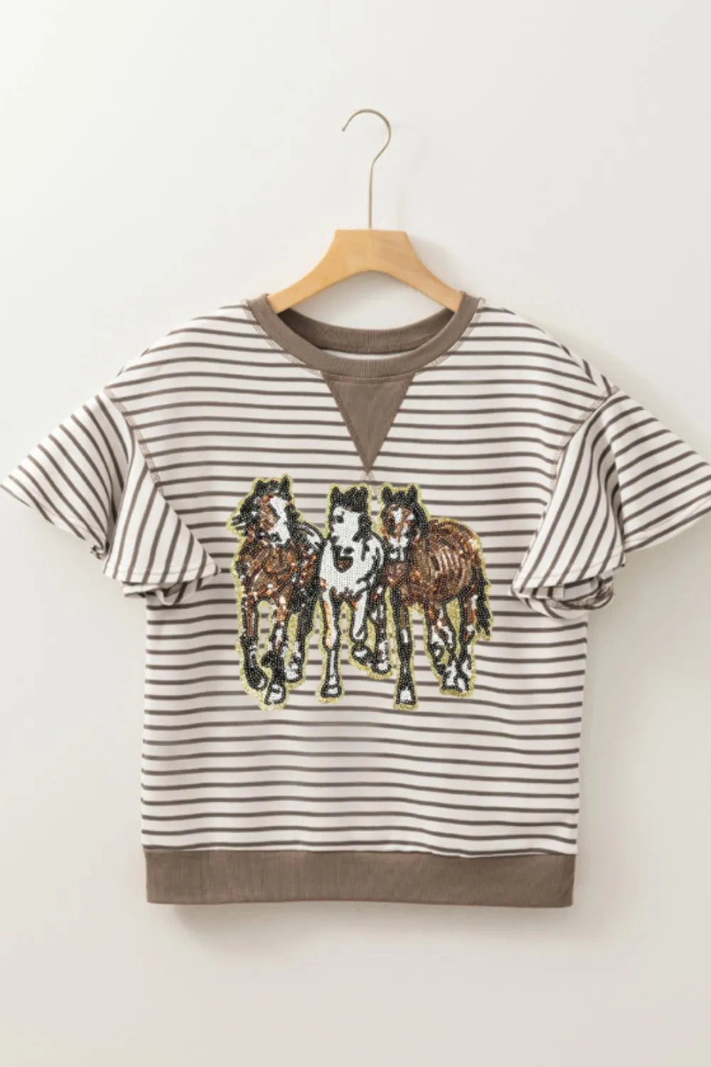 Sequin Striped Round Neck T-Shirt - Velora Luxury Fashion