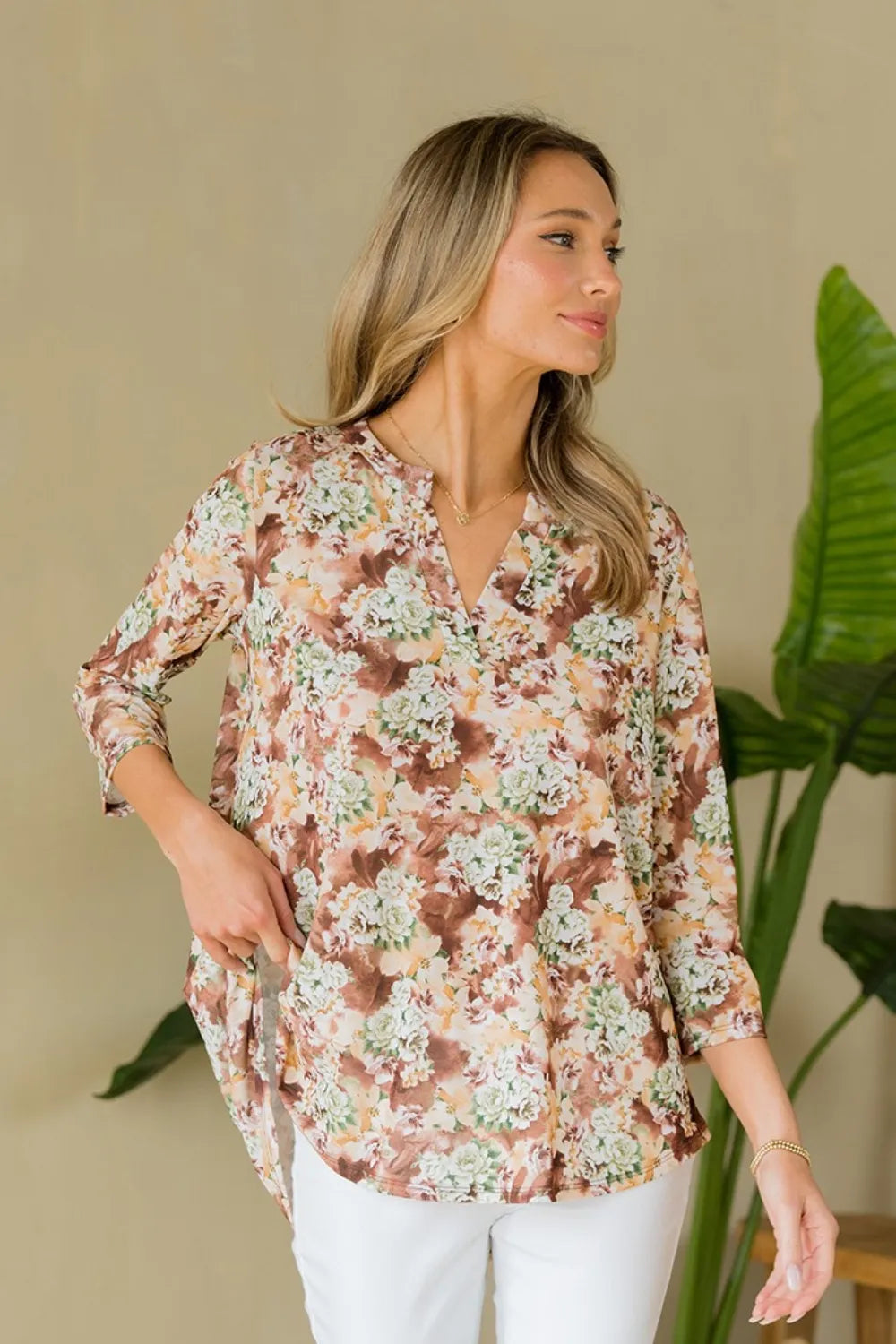 Sew In Love Full Size Wrinkle-Free Floral Notched Top - Velora Luxury Fashion