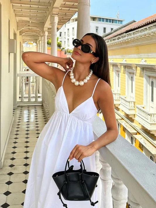 Women's Maxi Dress White Cotton Backless Spaghetti Strap - Velora