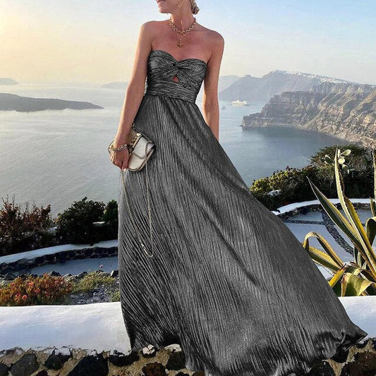 Women's Evening Gown Black Satin Strapless A-Line - Velora
