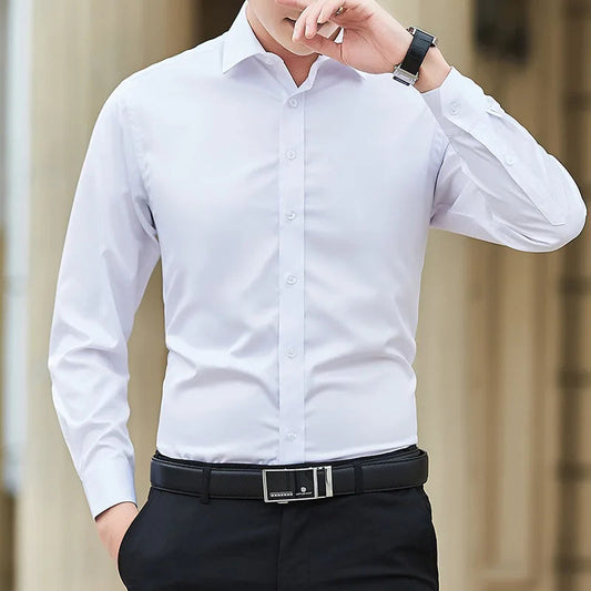 New Plus Size Men Solid Color Business Shirt Fashion Classic Basic Casual Slim White Long Sleeve Shirt Brand Clothes - Velora
