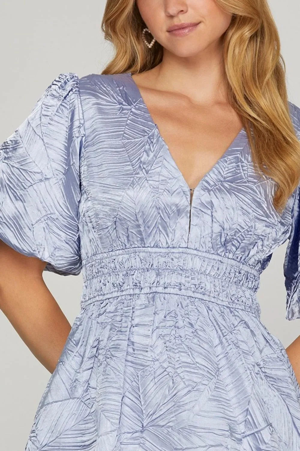 She + Sky Crinkle Woven V-Neck Balloon Sleeve Mini Dress - Velora Luxury Fashion
