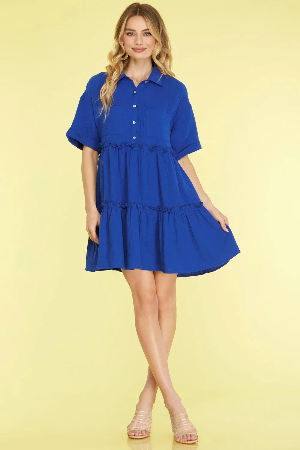She + Sky Full Size Button Front Frill Tiered Mini Dress Plus Size - Velora Luxury Fashion