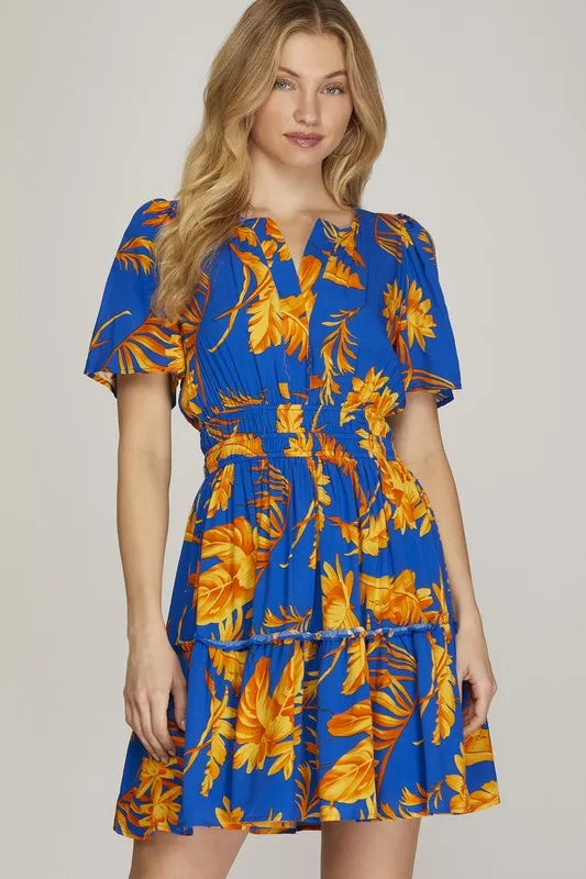 She + Sky Full Size Printed Notched Short Sleeve Frill Tiered Dress Plus Size - Velora Luxury Fashion
