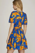 She + Sky Full Size Printed Notched Short Sleeve Frill Tiered Dress Plus Size - Velora Luxury Fashion