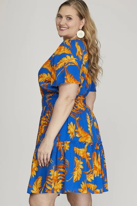 She + Sky Full Size Printed Notched Short Sleeve Frill Tiered Dress Plus Size - Velora Luxury Fashion