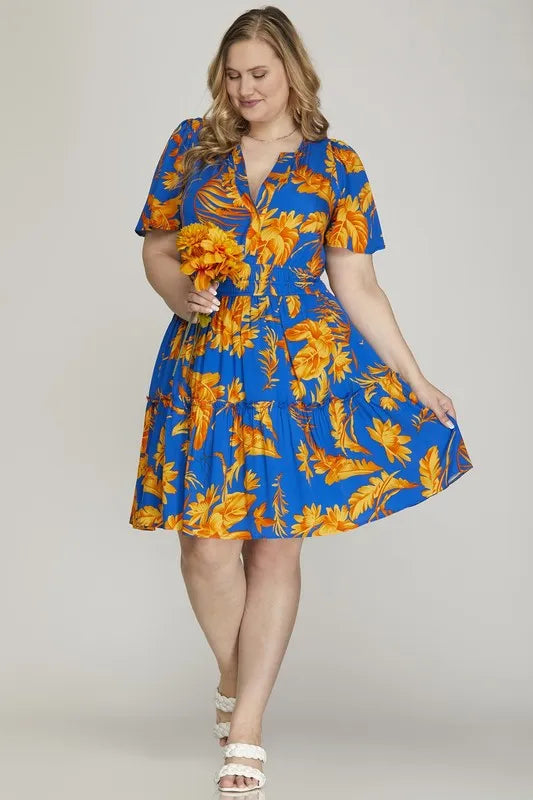 She + Sky Full Size Printed Notched Short Sleeve Frill Tiered Dress Plus Size - Velora Luxury Fashion