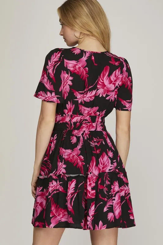 She + Sky Full Size Printed Notched Short Sleeve Frill Tiered Dress Plus Size - Velora Luxury Fashion