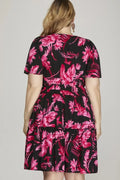 She + Sky Full Size Printed Notched Short Sleeve Frill Tiered Dress Plus Size - Velora Luxury Fashion