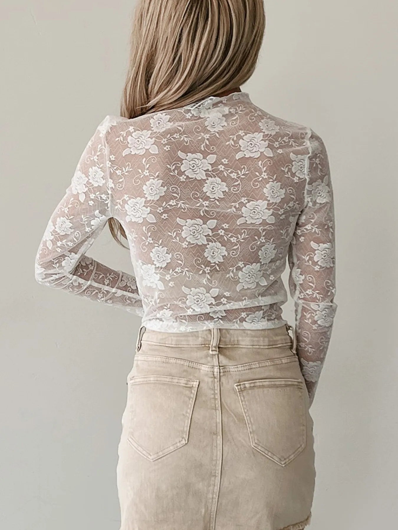 Sheer Floral Lace Mesh Mock Neck Long Sleeve Top - Velora Luxury Fashion