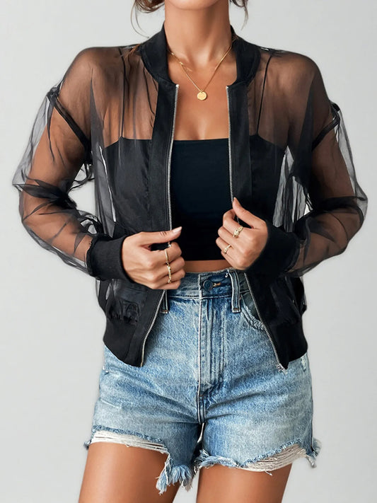 Sheer Mesh Zip Up Jacket - Velora Luxury Fashion