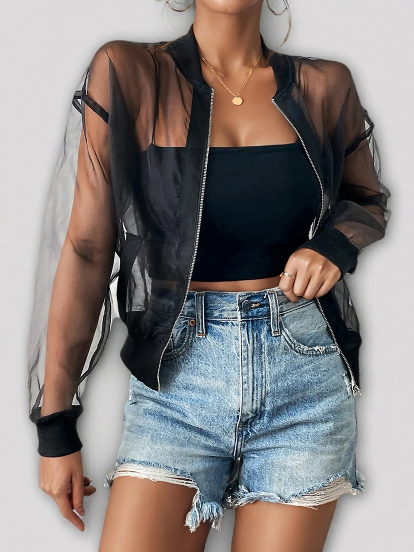 Sheer Mesh Zip Up Jacket - Velora Luxury Fashion