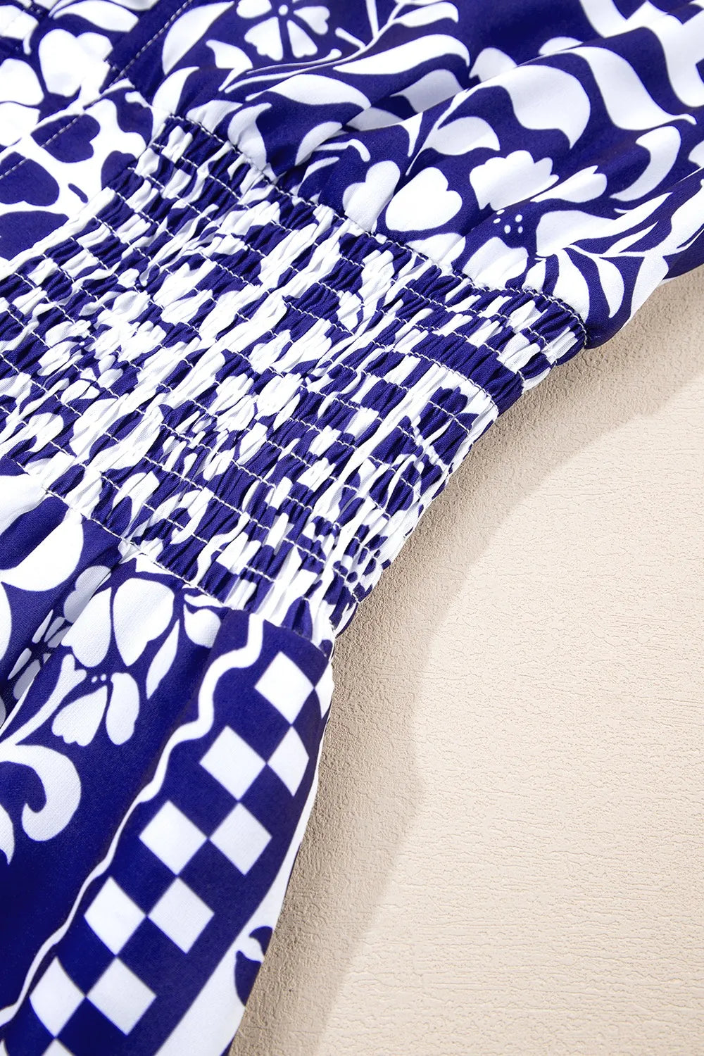 Shirred Waist V Neck Sleeveless Floral Print Midi Dress - Velora Luxury Fashion