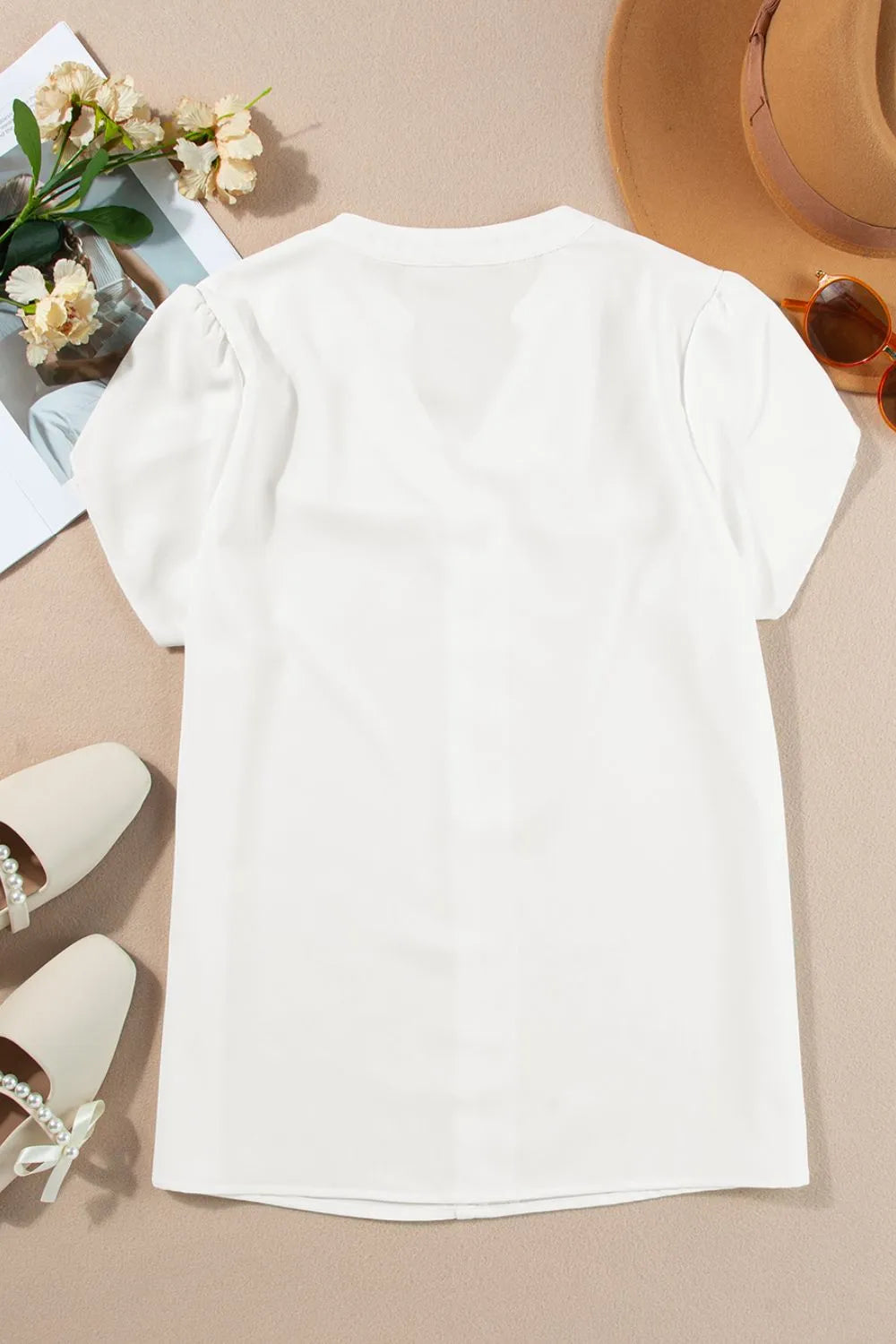 Short Sleeve Notched Blouse - Velora Luxury Fashion