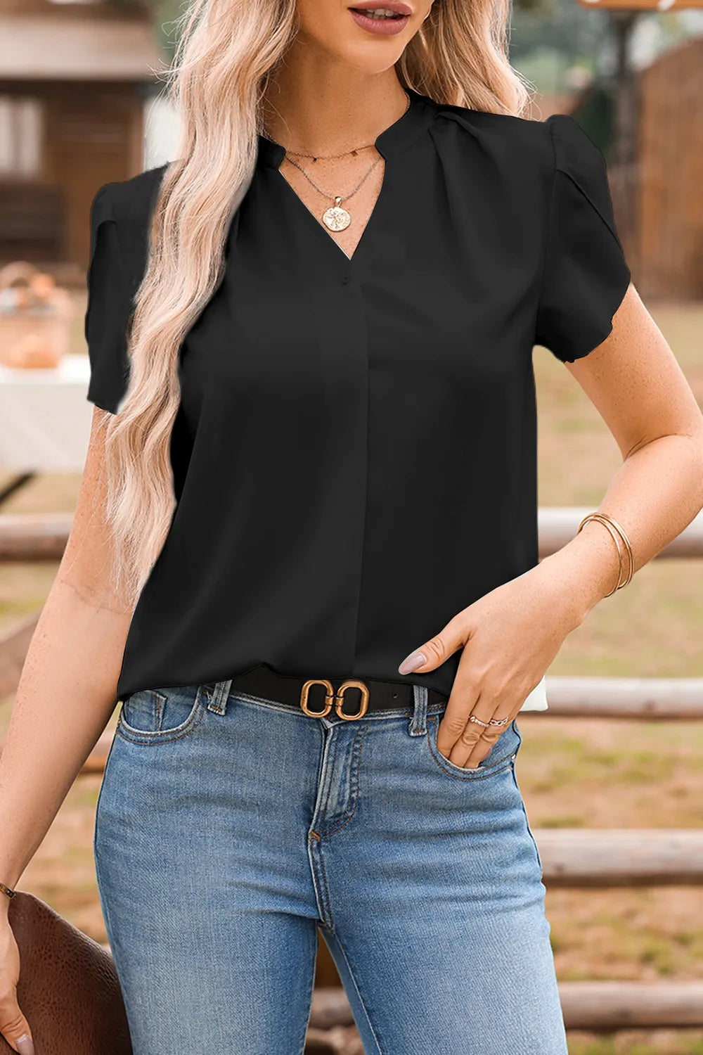 Short Sleeve Notched Blouse - Velora Luxury Fashion