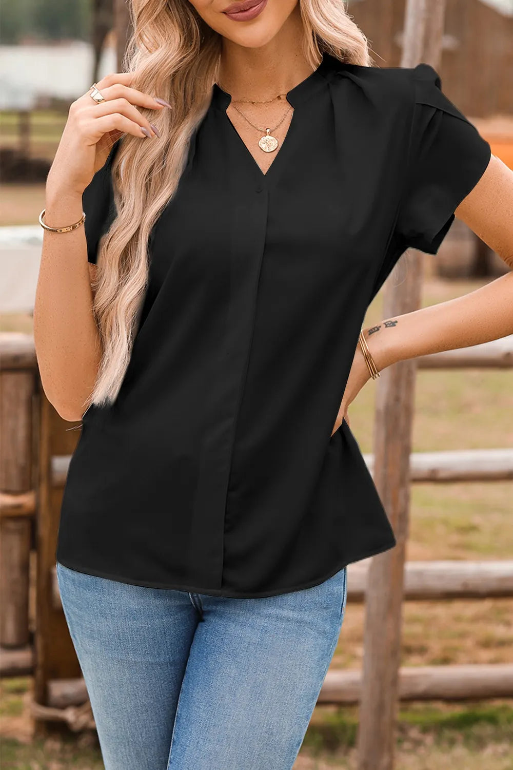 Short Sleeve Notched Blouse - Velora Luxury Fashion