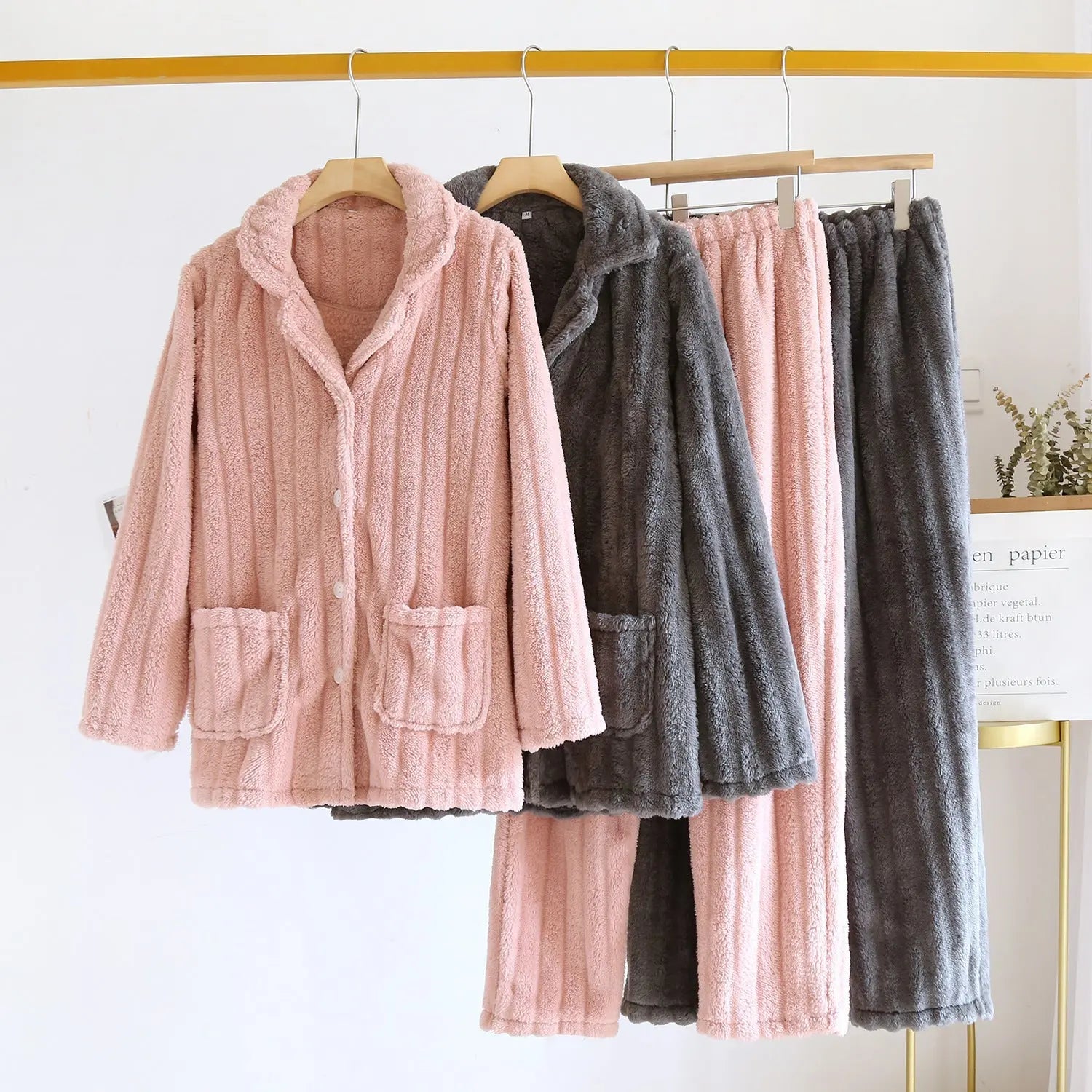 Simple Coral Fleece Couple Pajamas For Women Autumn And Winter - Velora