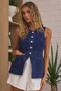 Sleeveless Button-Front Denim Vest Top - Velora Luxury Fashion