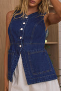 Sleeveless Button-Front Denim Vest Top - Velora Luxury Fashion