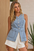 Sleeveless Button-Front Denim Vest Top - Velora Luxury Fashion