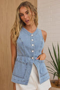 Sleeveless Button-Front Denim Vest Top - Velora Luxury Fashion