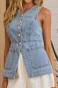 Sleeveless Button-Front Denim Vest Top - Velora Luxury Fashion