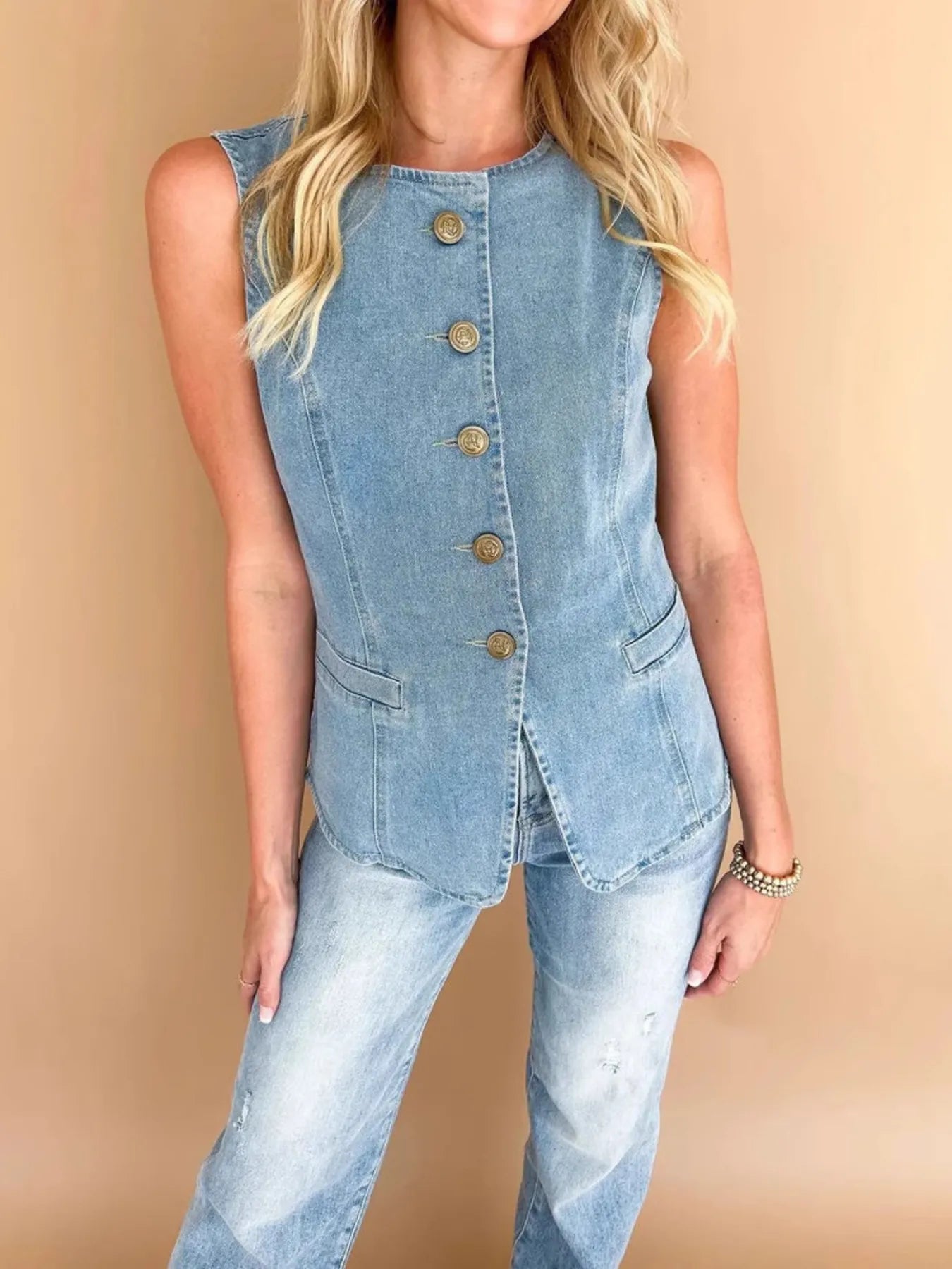 Sleeveless Button-Front Denim Vest - Velora Luxury Fashion