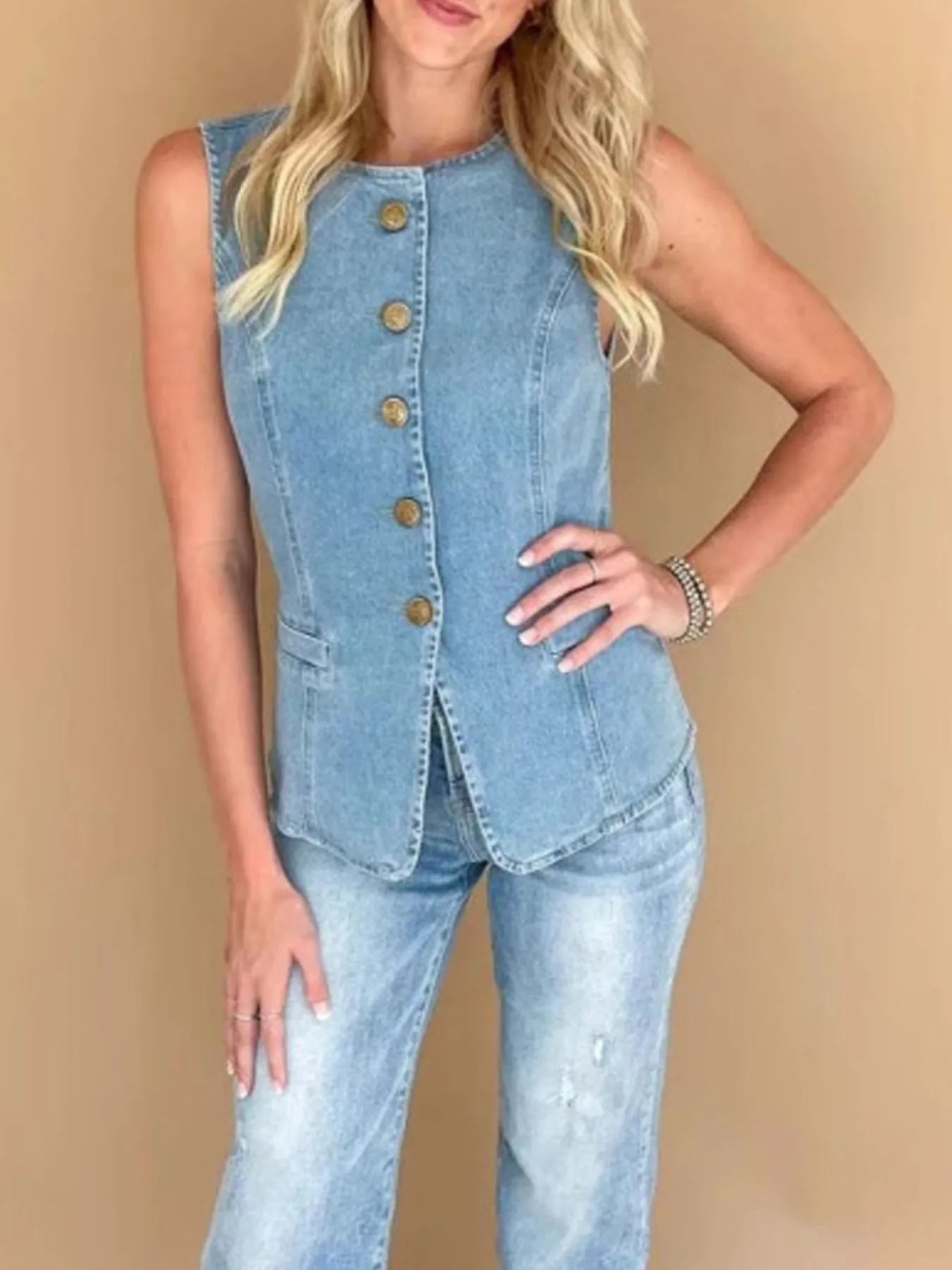 Sleeveless Button-Front Denim Vest - Velora Luxury Fashion