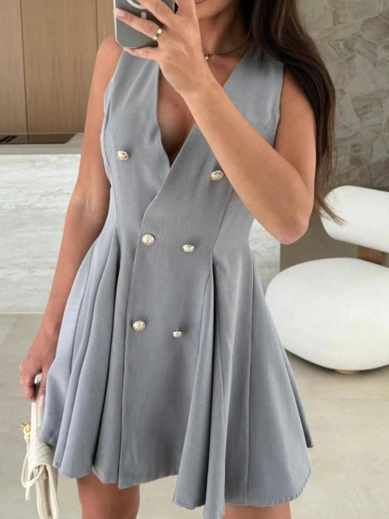 Sleeveless Double-Breasted Mini Dress - Velora Luxury Fashion