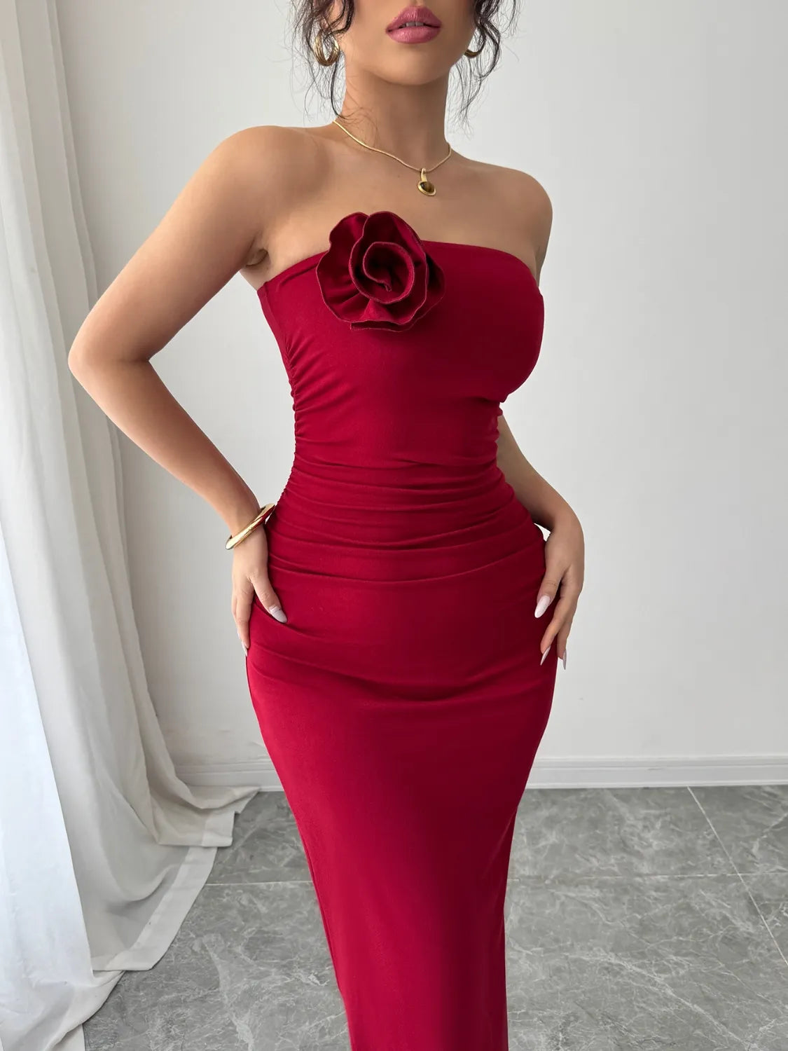 Slit Back Flower Tube Midi Dress - Velora