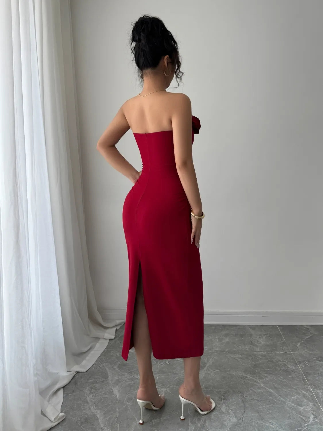 Slit Back Flower Tube Midi Dress - Velora Luxury Fashion