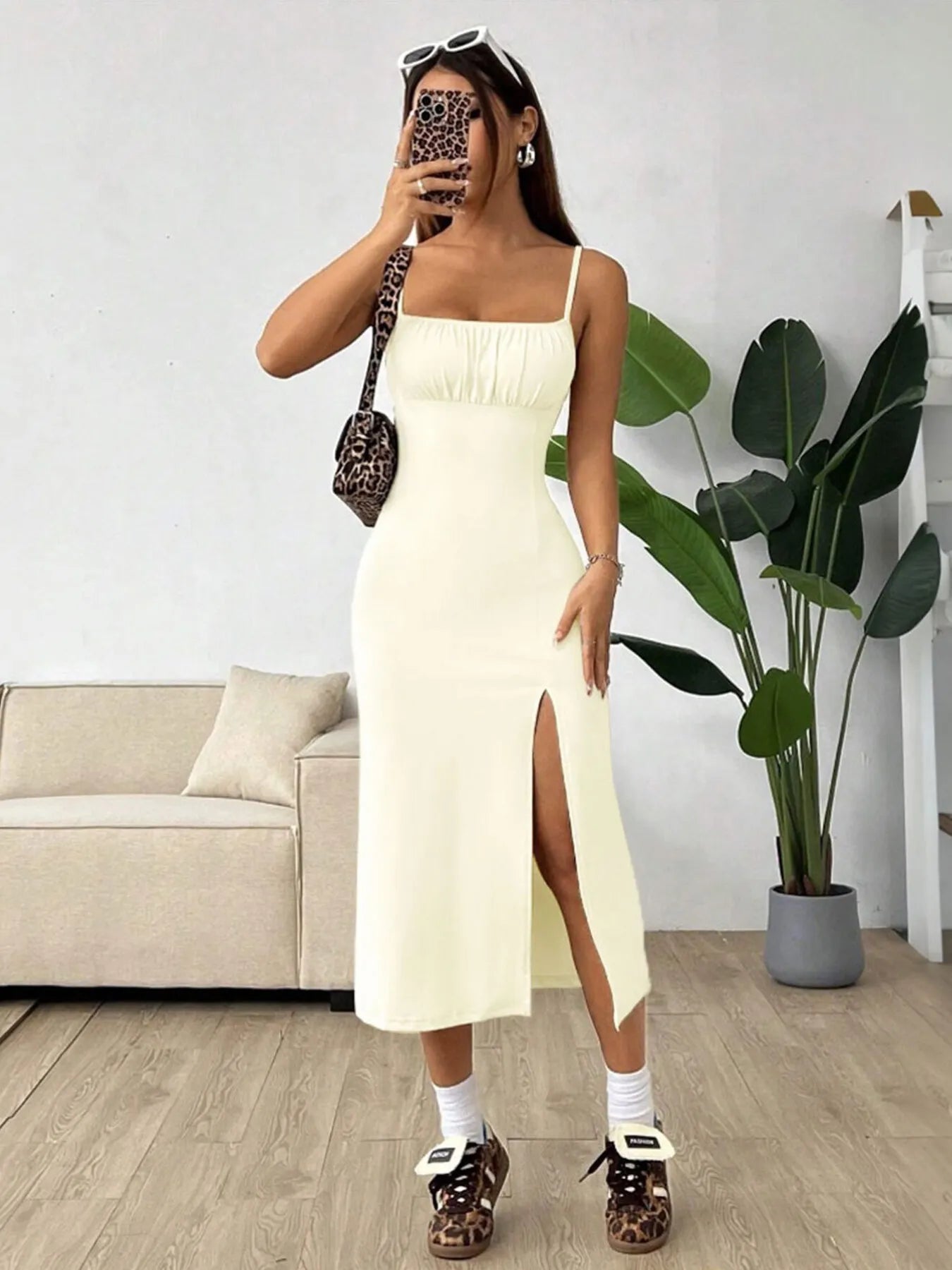 Slit Bodice Midi Cami Dress - Velora Luxury Fashion