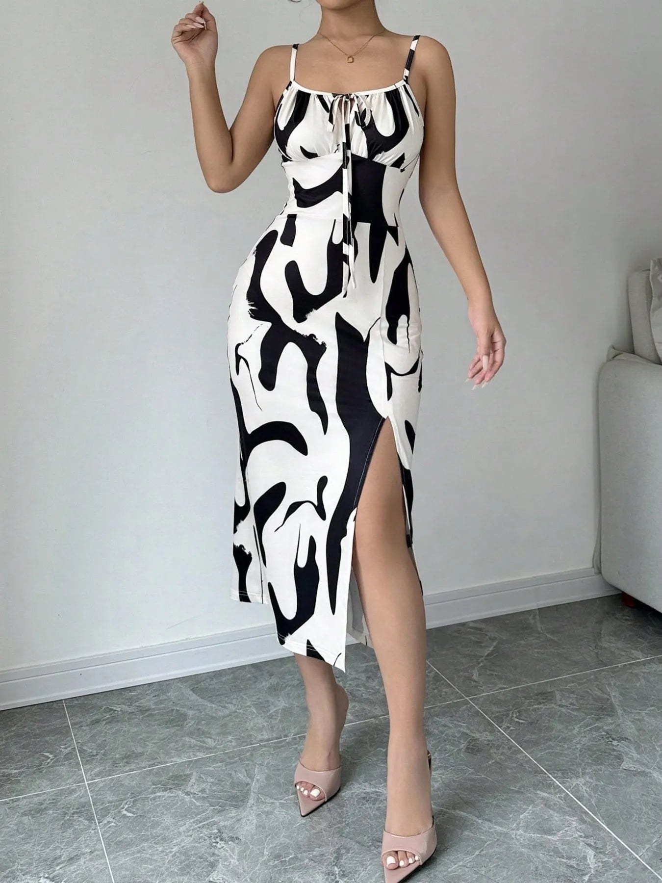 Slit Cow Print Spaghetti Strap Midi Dress - Velora Luxury Fashion