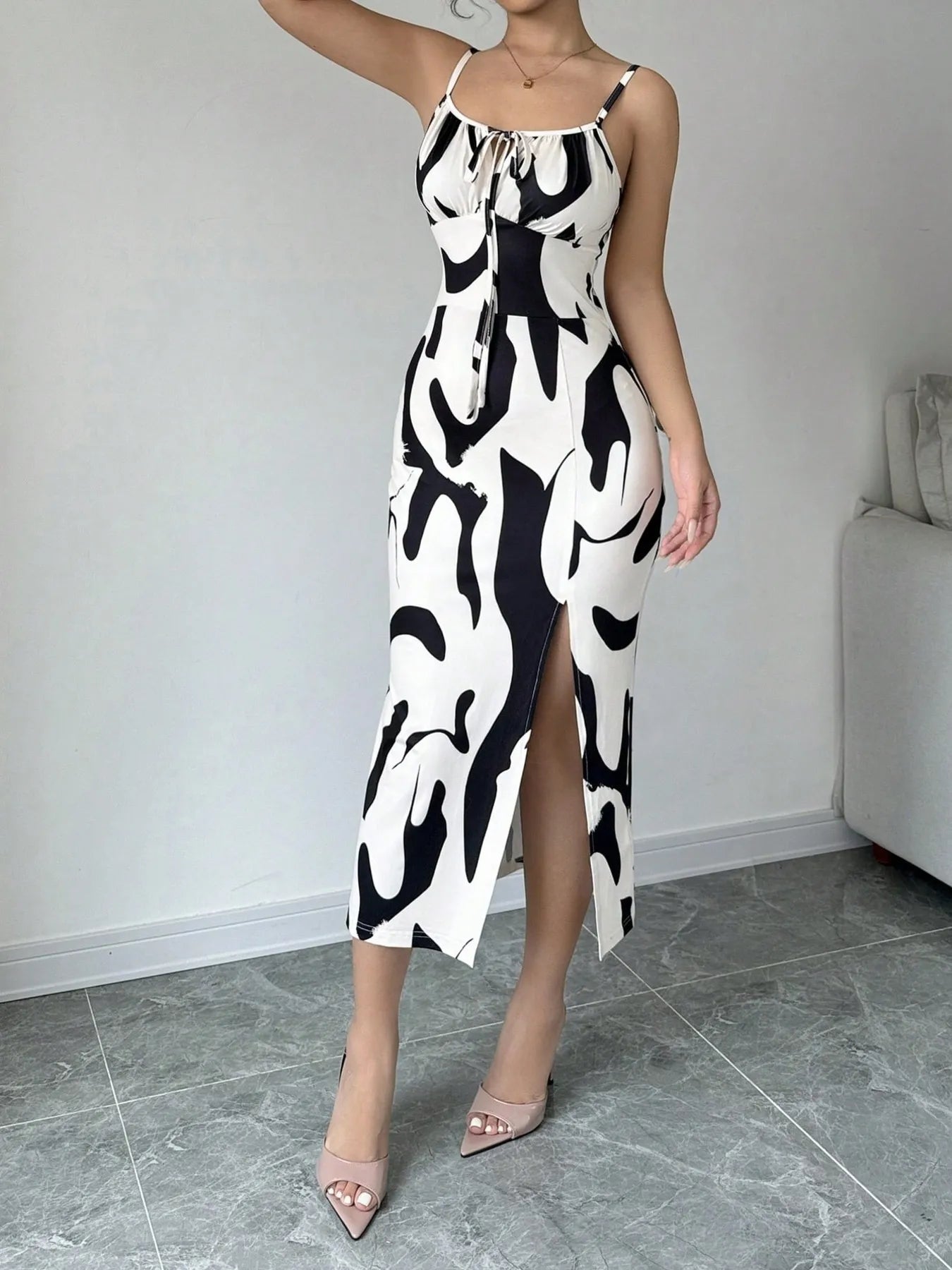 Slit Cow Print Spaghetti Strap Midi Dress - Velora Luxury Fashion