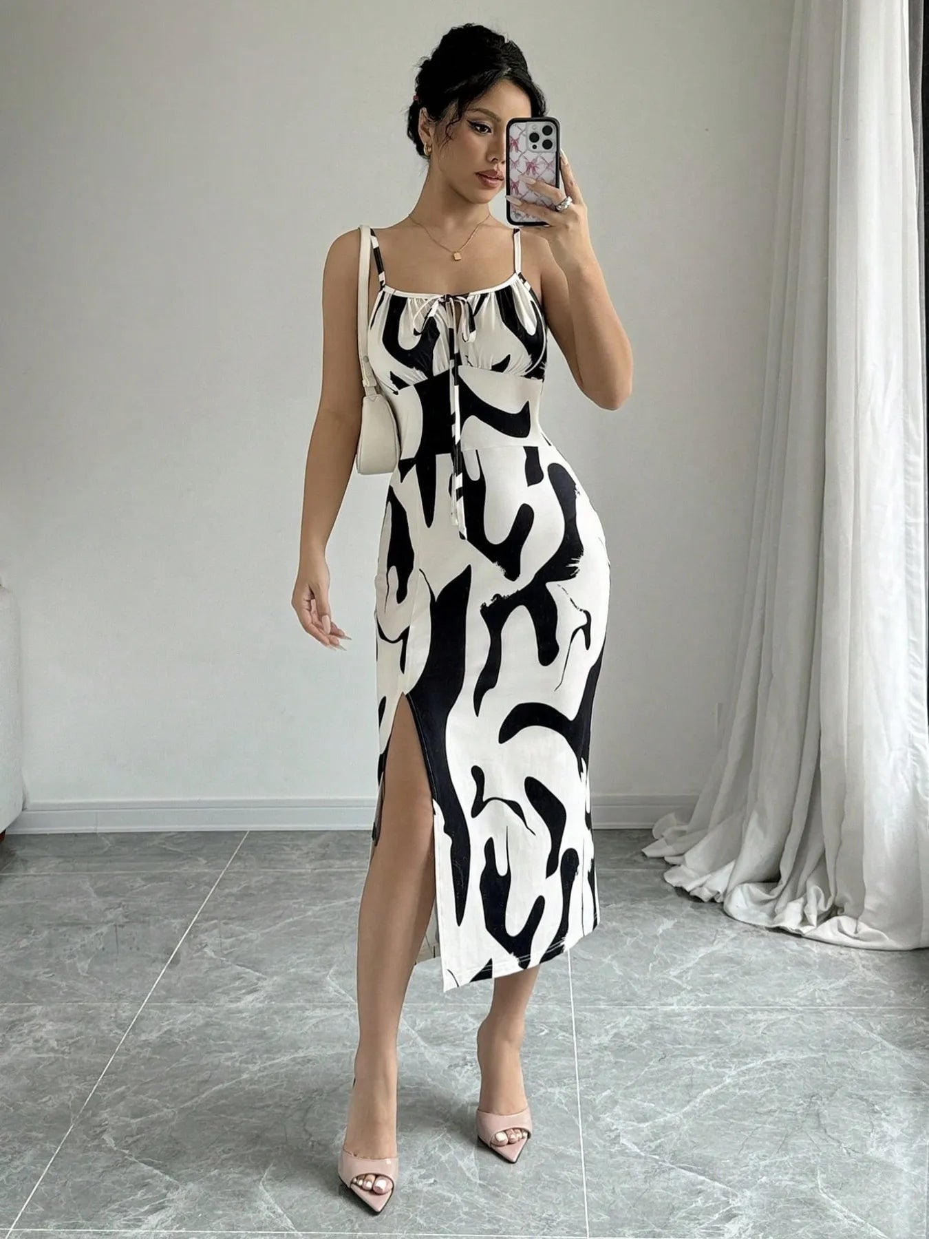 Slit Cow Print Spaghetti Strap Midi Dress - Velora Luxury Fashion