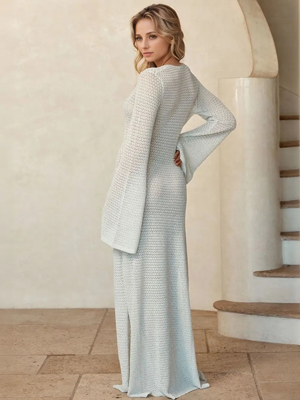 Slit Plunge Flare Sleeve Cover-Up Dress - Velora Luxury Fashion