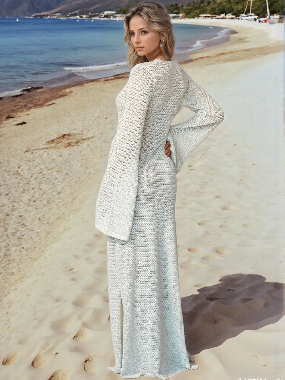 Slit Plunge Flare Sleeve Cover-Up Dress - Velora Luxury Fashion