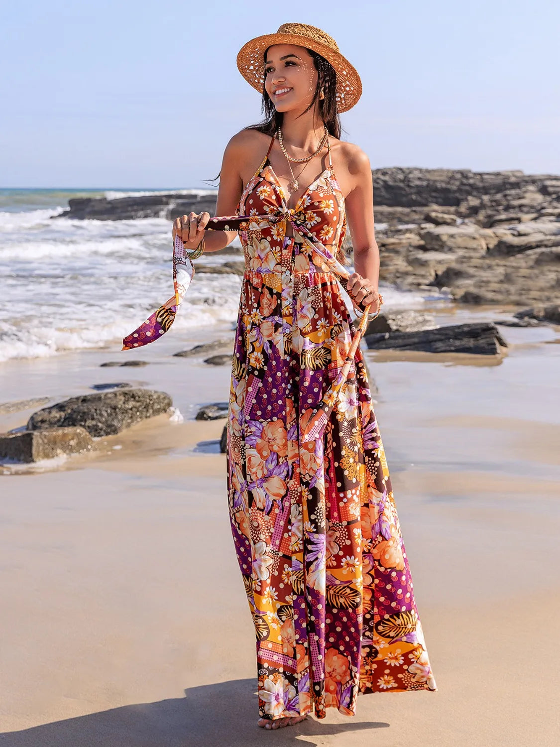 Slit Printed Halter Neck Cami Dress - Velora