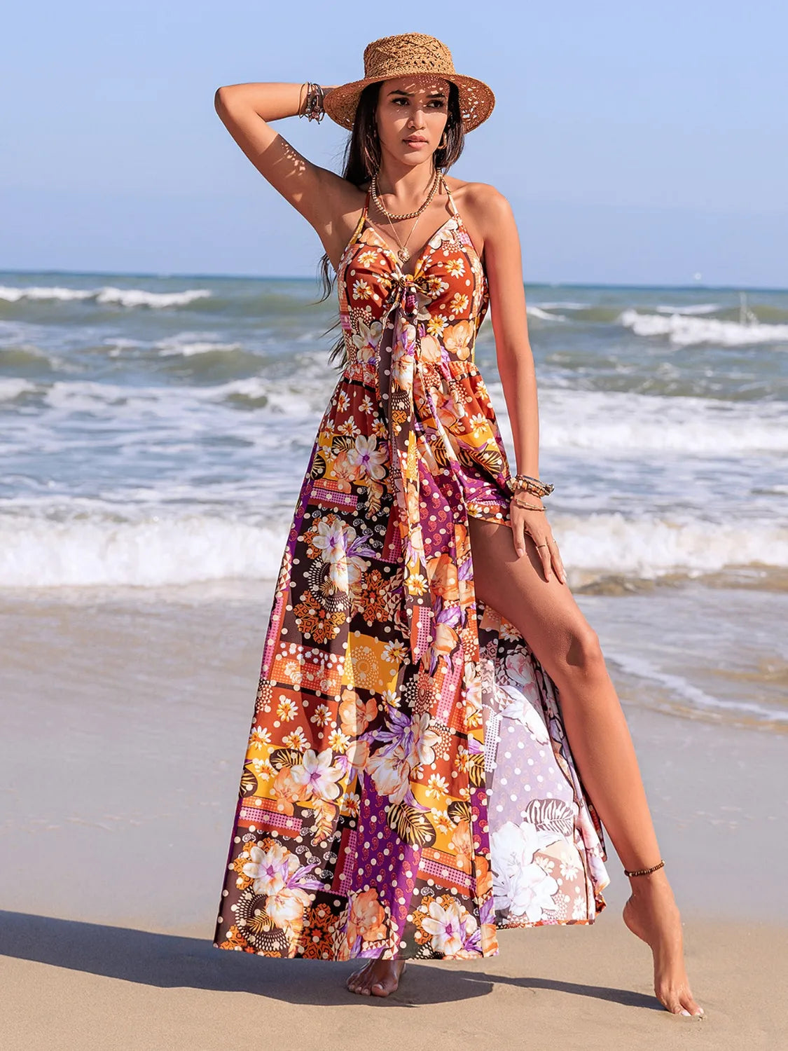 Slit Printed Halter Neck Cami Dress - Velora