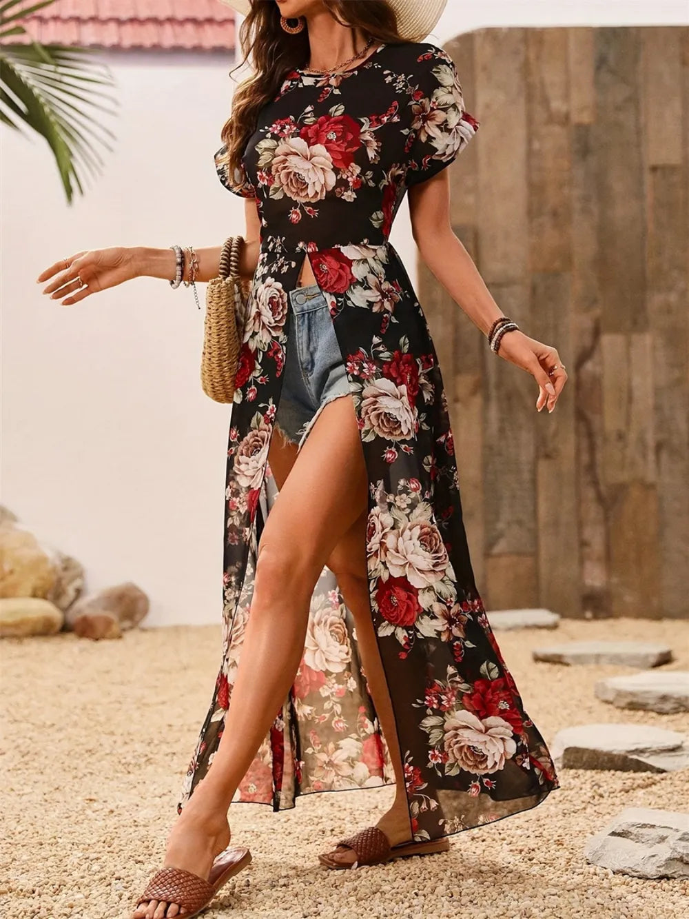 Slit Rose Printed Round Neck Short Sleeve Blouse - Velora Luxury Fashion