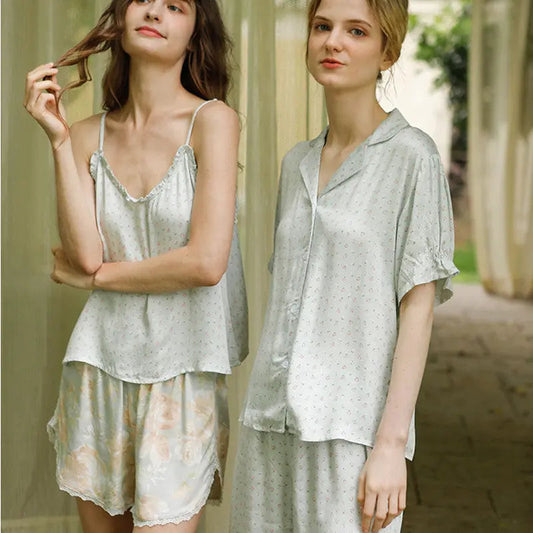 Small Green Flower Bud Sling Short Sleeve Suit Pajamas For Women EX-STOCK Canada