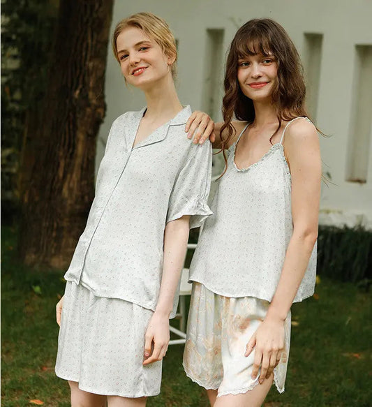 Small Green Flower Bud Sling Short Sleeve Suit Pajamas For Women EX-STOCK Canada