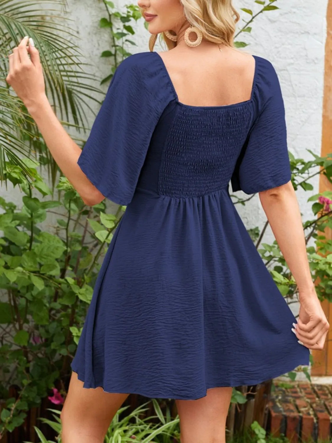 Smocked Back Knotted Flutter Sleeve Dress - Velora Luxury Fashion